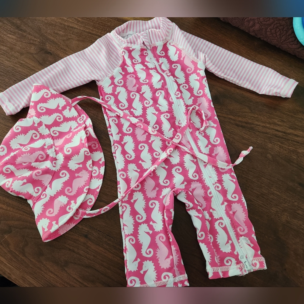 Flap Happy Pink Seahorse Kids Swim One Piece with Hat